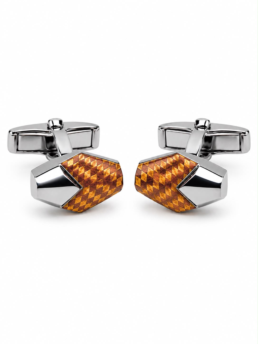 Men’s Silver-Tone Amber Checker Pattern Cufflinks