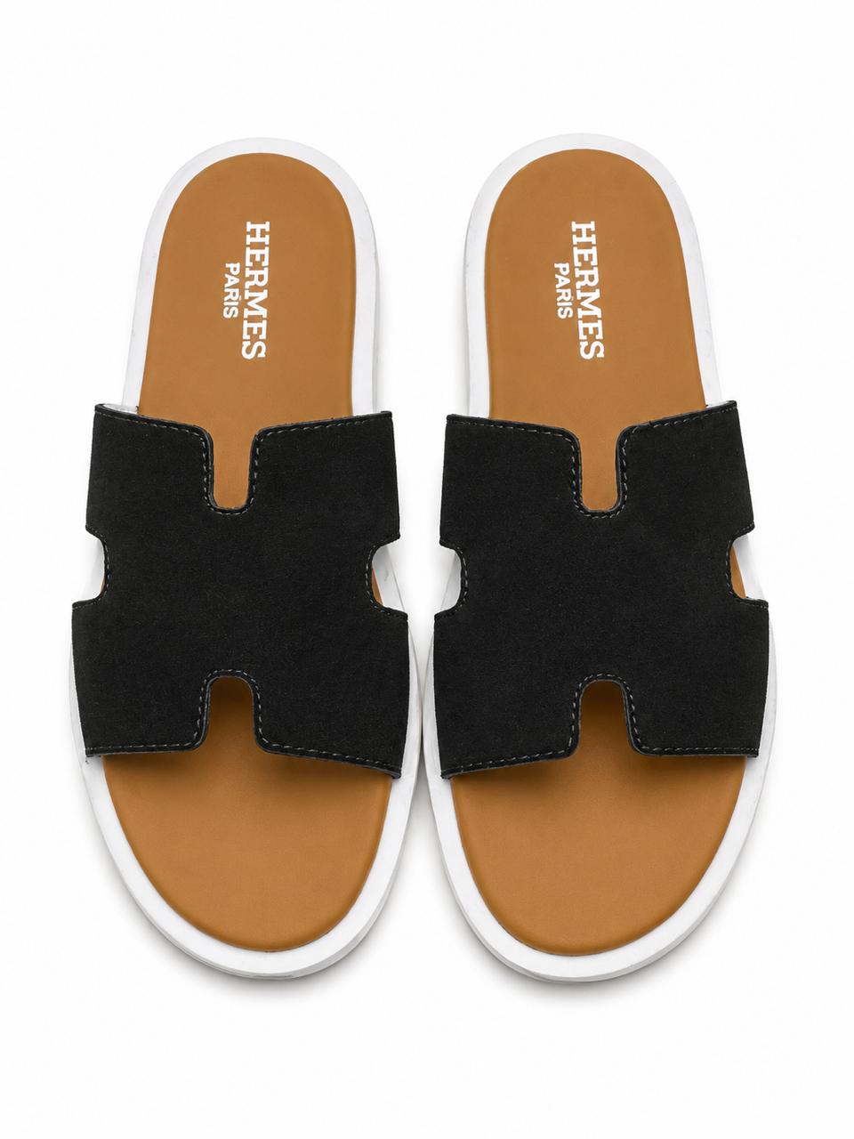 Men’s H-Style Leather Sandals – Black Slide Sandals with Brown Footbed