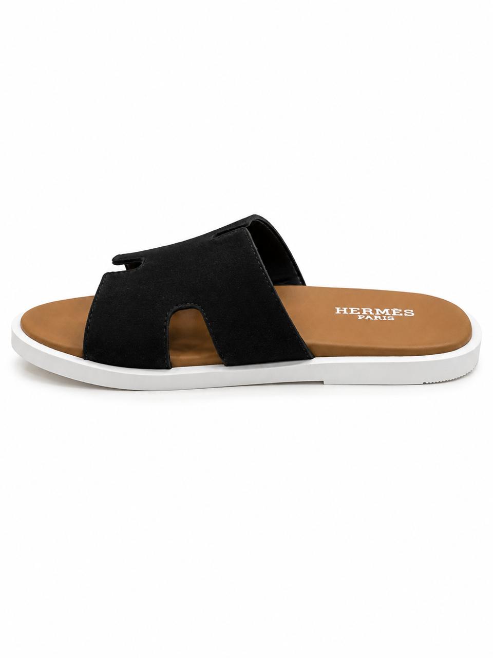 Men’s H-Style Leather Sandals – Black Slide Sandals with Brown Footbed