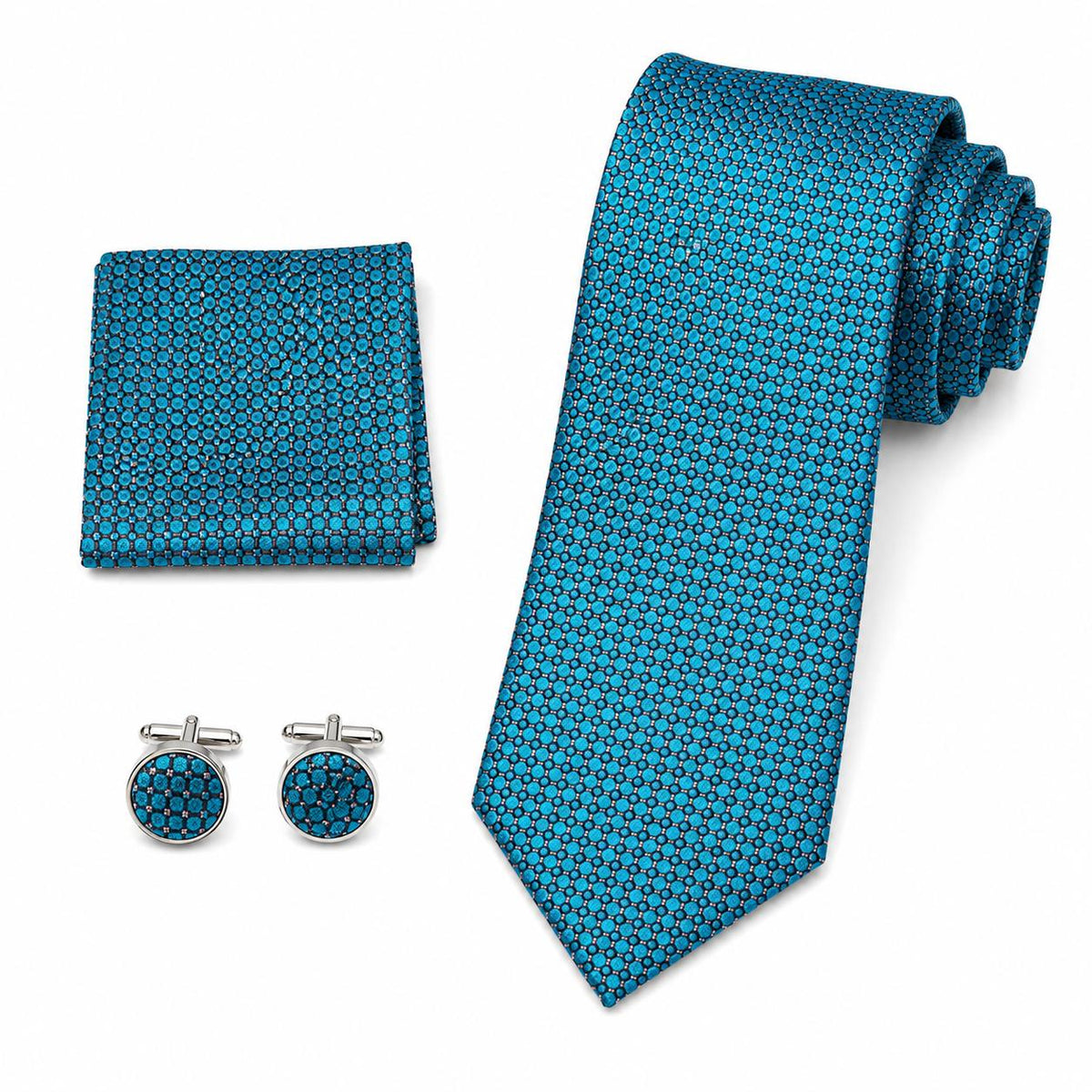 Men’s Blue Necktie & Accessories Set – Textured Formal Tie with Matching Pocket Square & Cufflinks