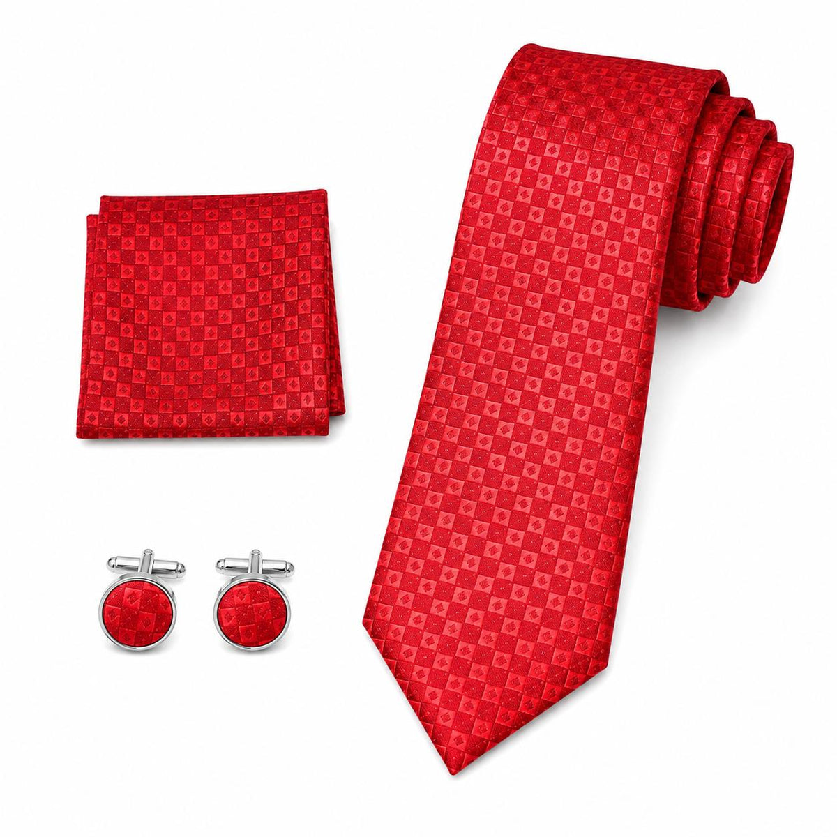 Men’s Red Necktie & Accessories Set – Textured Formal Tie with Matching Pocket Square & Cufflinks