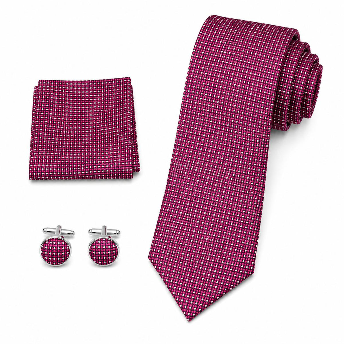 Men’s Magenta Necktie & Accessories Set – Textured Formal Tie with Matching Pocket Square & Cufflinks