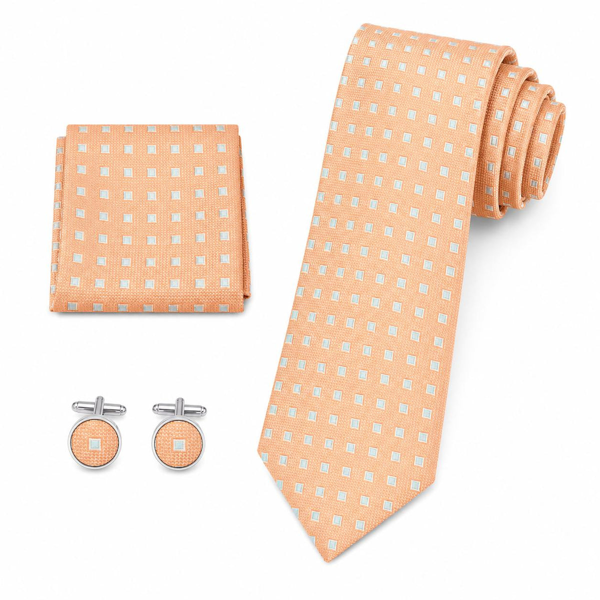 Men’s Peach Necktie & Accessories Set – Textured Formal Tie with Matching Pocket Square & Cufflinks