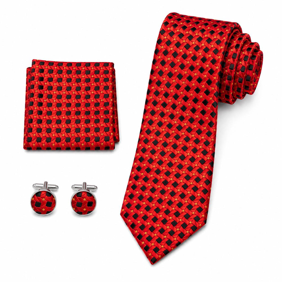 Men’s Red Necktie & Accessories Set – Premium Geometric Tie with Matching Pocket Square & Cufflinks
