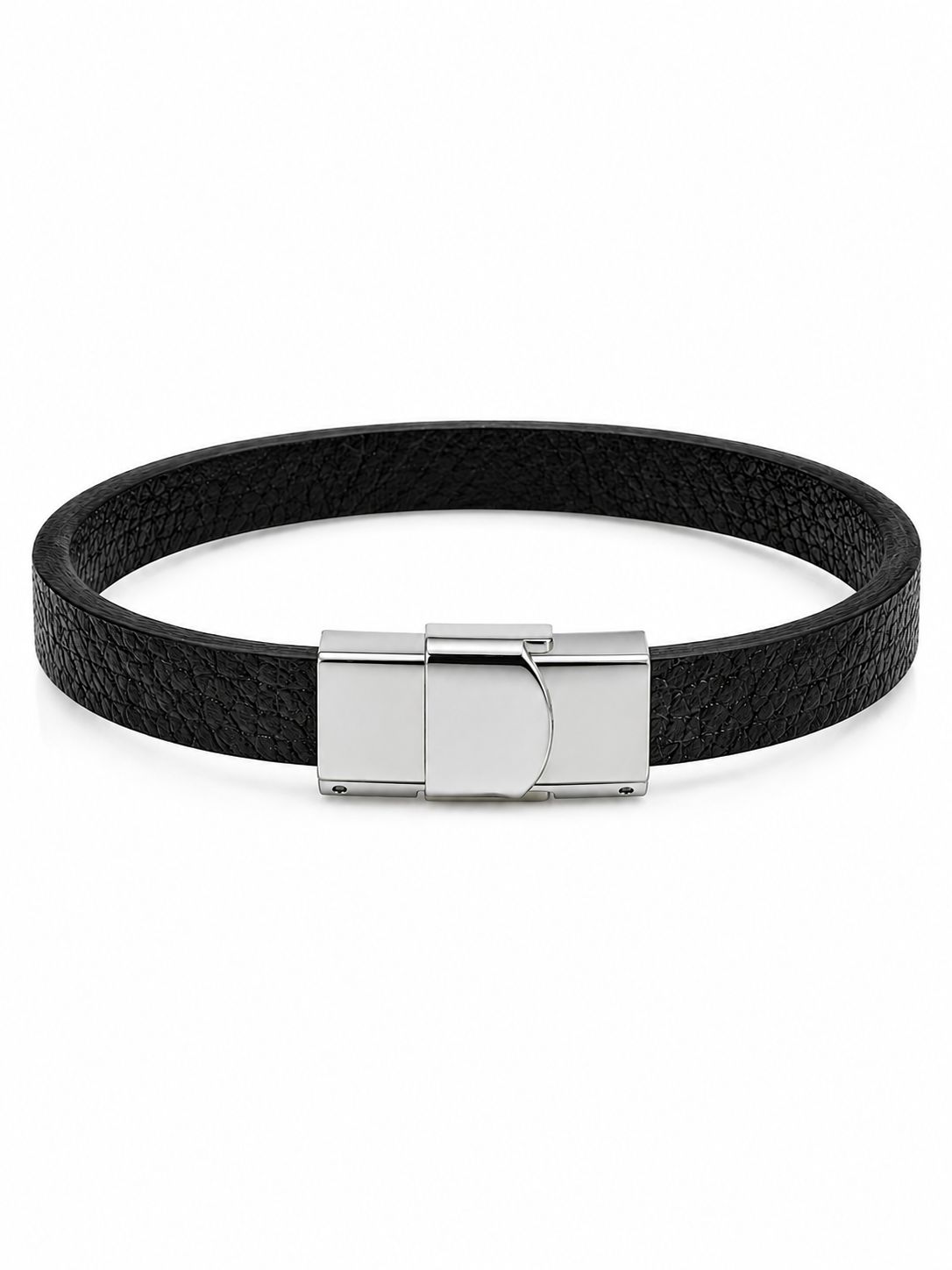 Men’s Black Leather-Style Bracelet with Stainless Steel Clasp