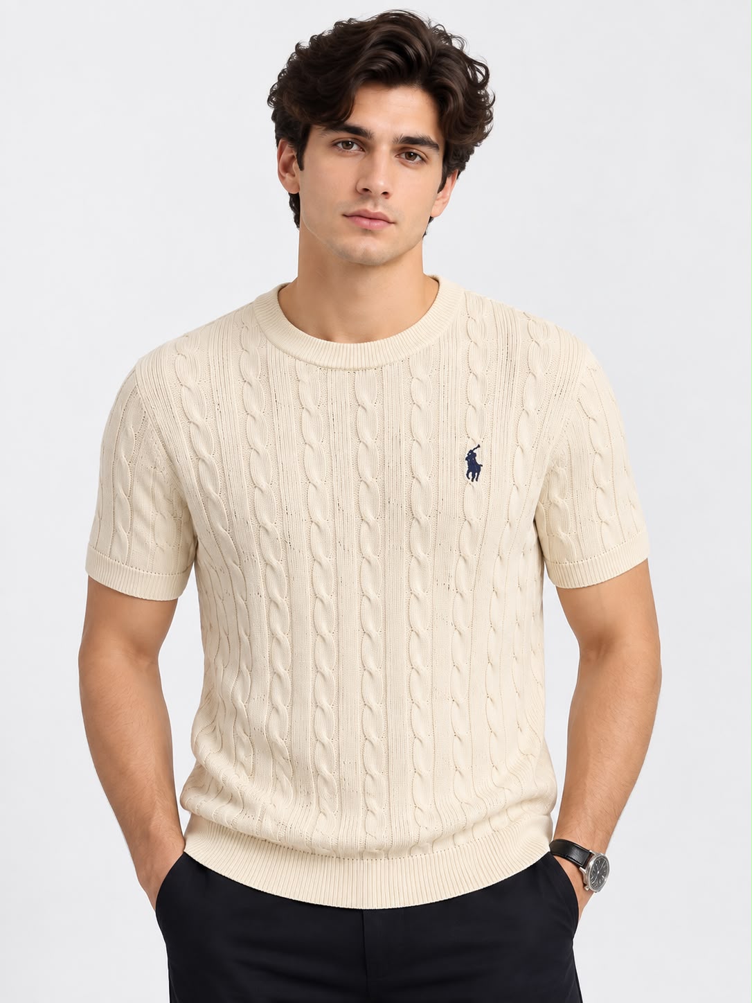 Men’s Cable Knit Crew Neck Short Sleeve Sweater