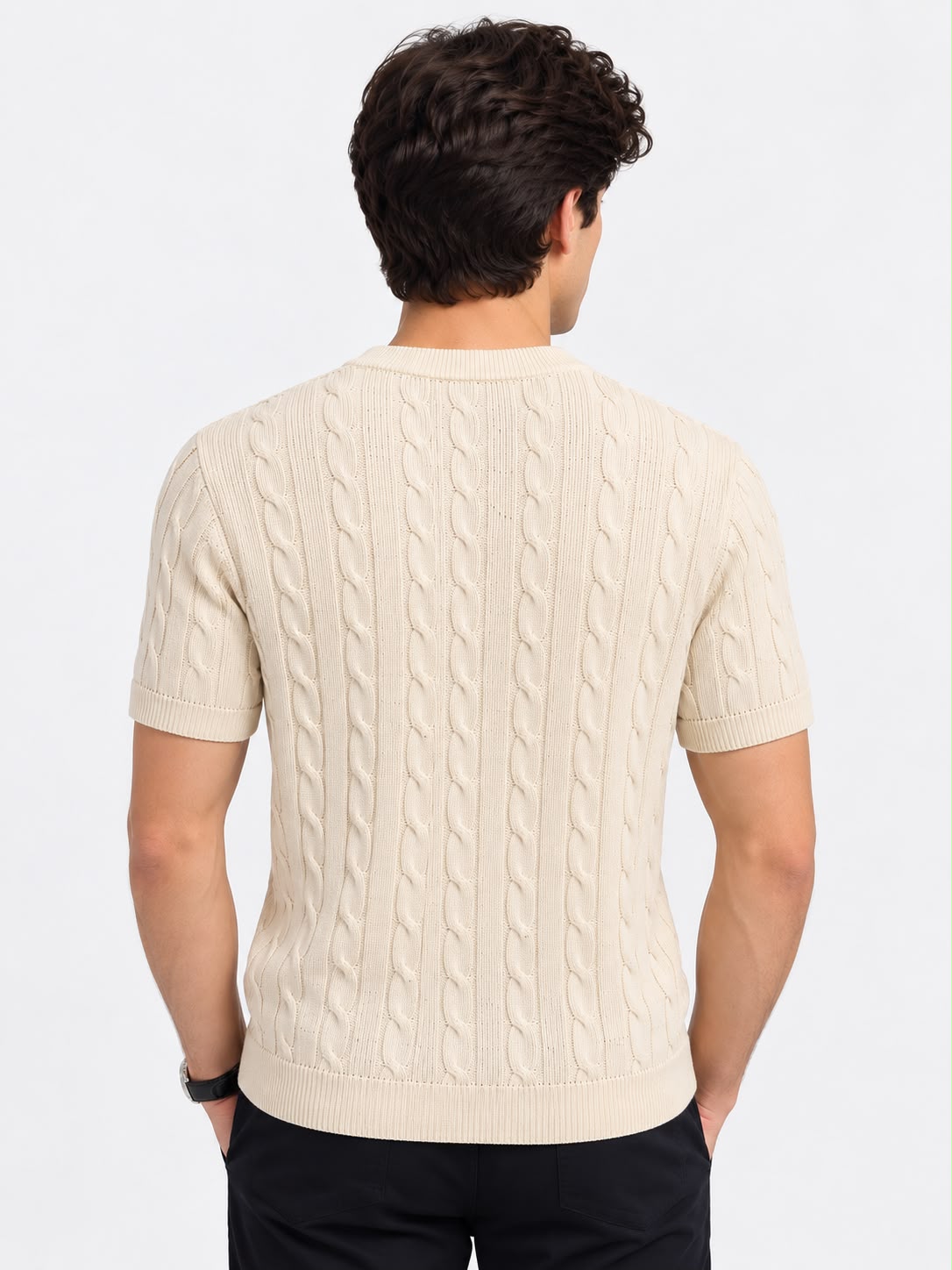 Men’s Cable Knit Crew Neck Short Sleeve Sweater