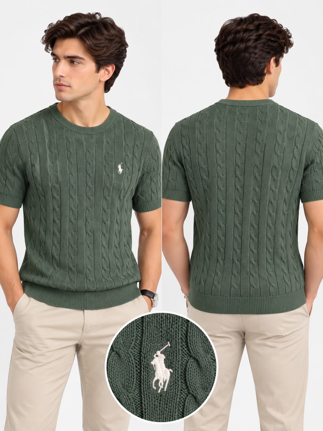 Men’s Cable Knit Crew Neck Short Sleeve Sweater