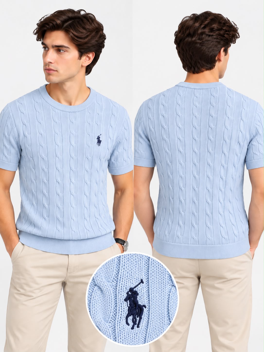 Men’s Cable Knit Crew Neck Short Sleeve Sweater