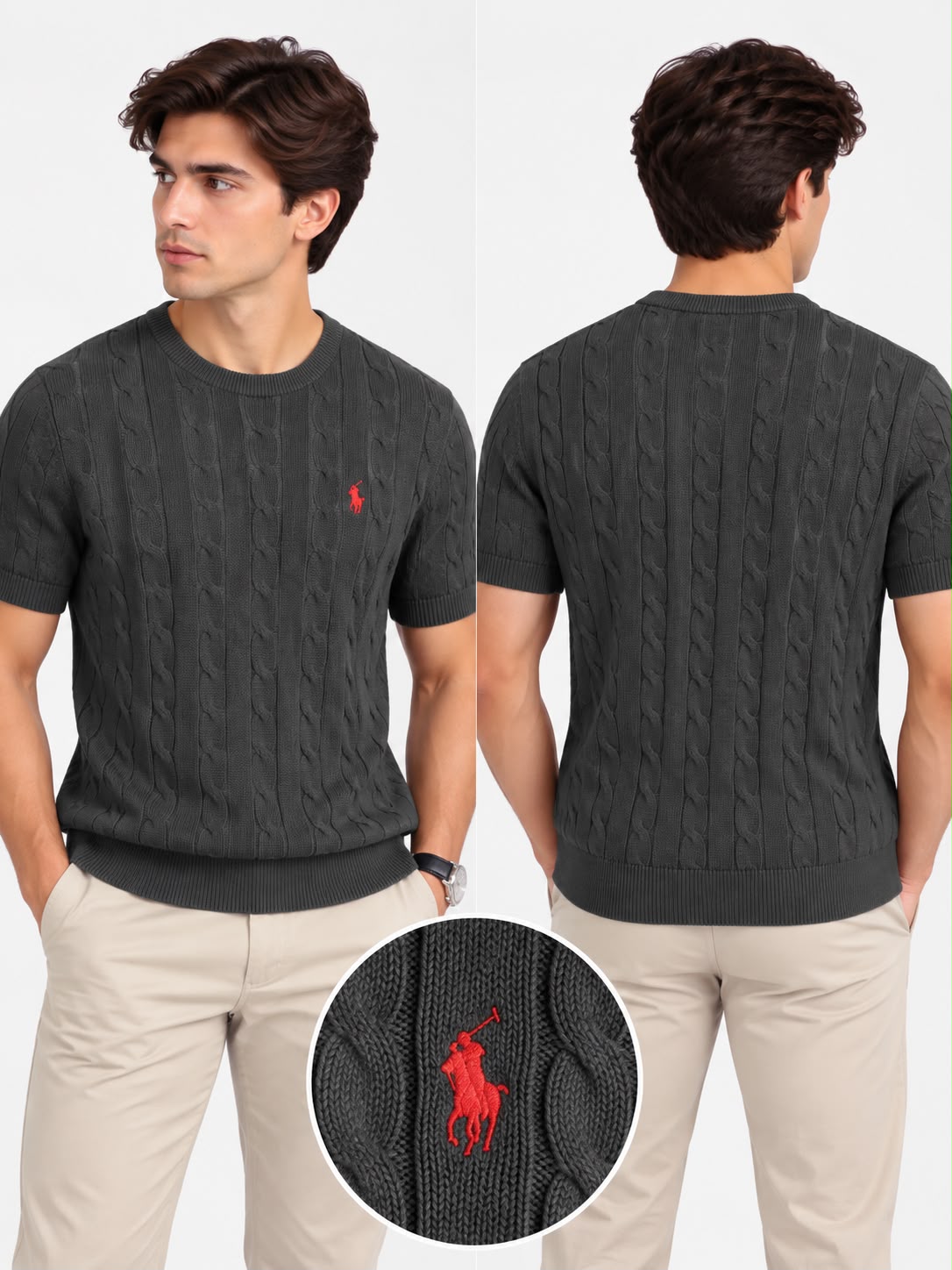 Men’s Cable Knit Crew Neck Short Sleeve Sweater