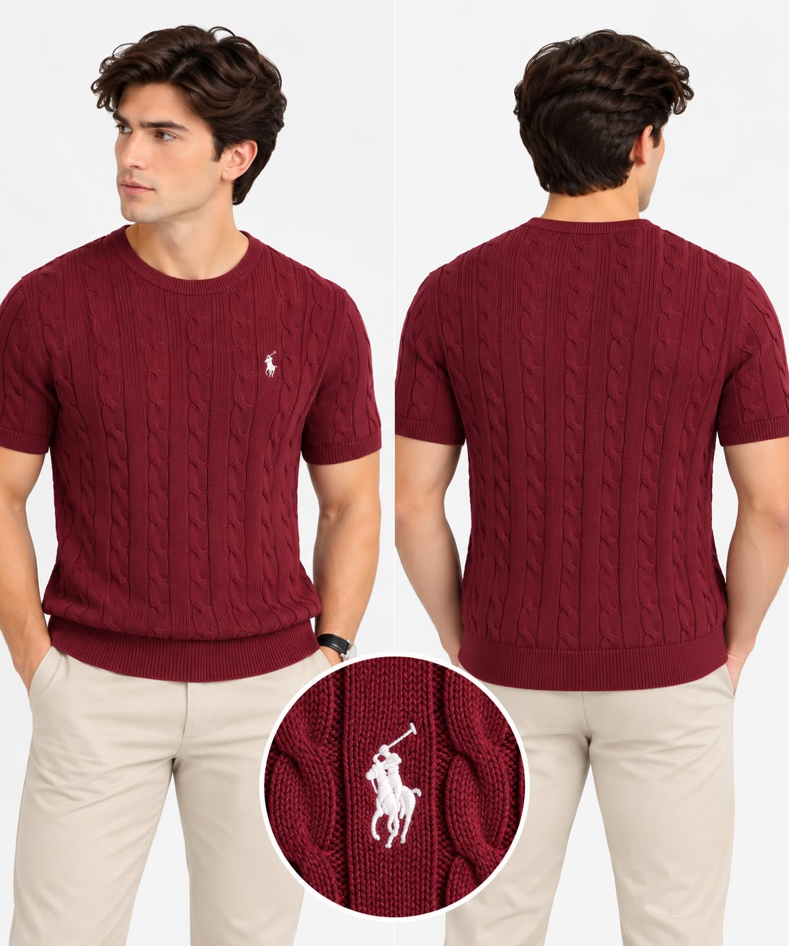 Men’s Cable Knit Crew Neck Short Sleeve Sweater