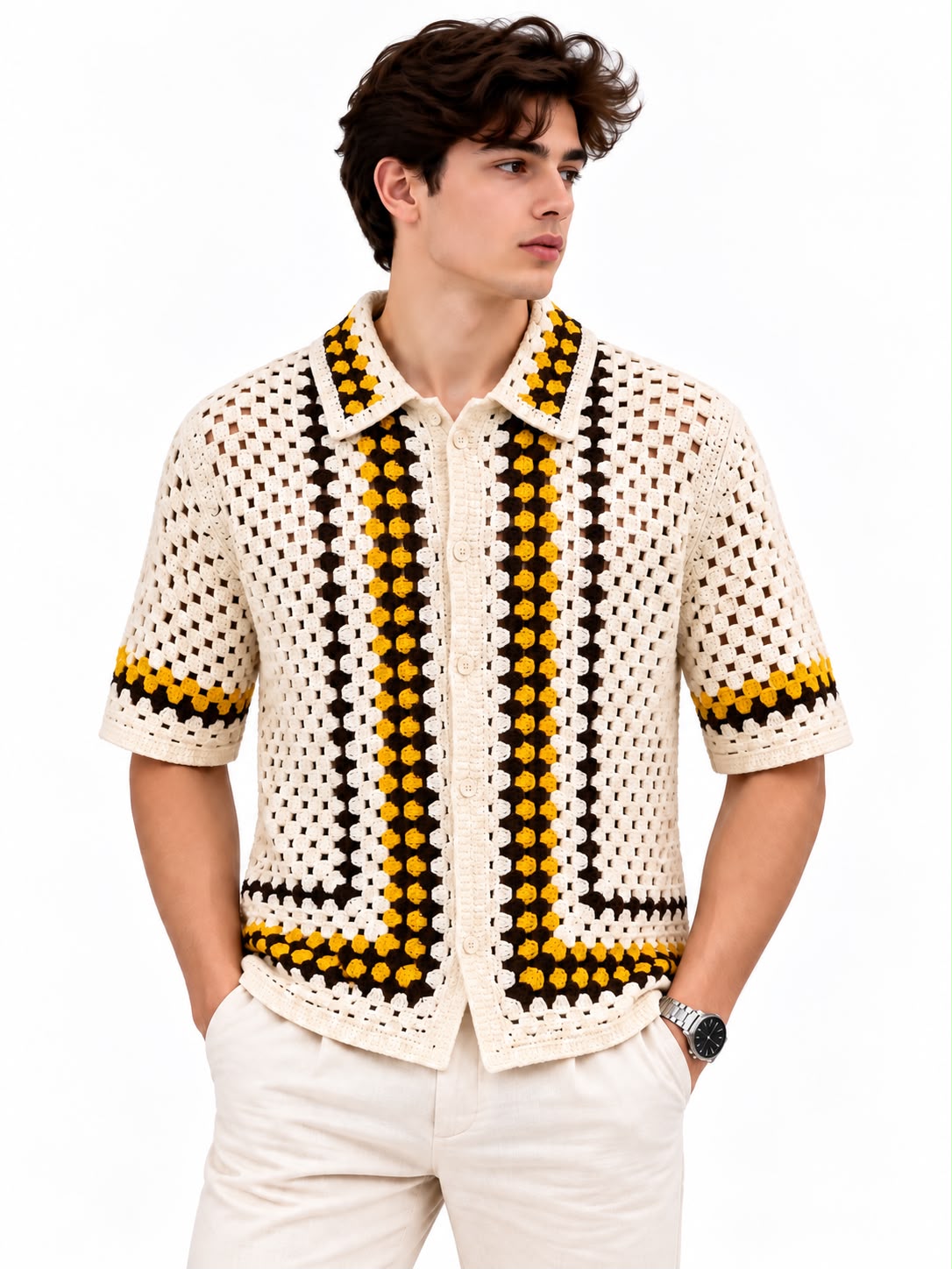 Men’s Crochet Knit Short Sleeve Shirt