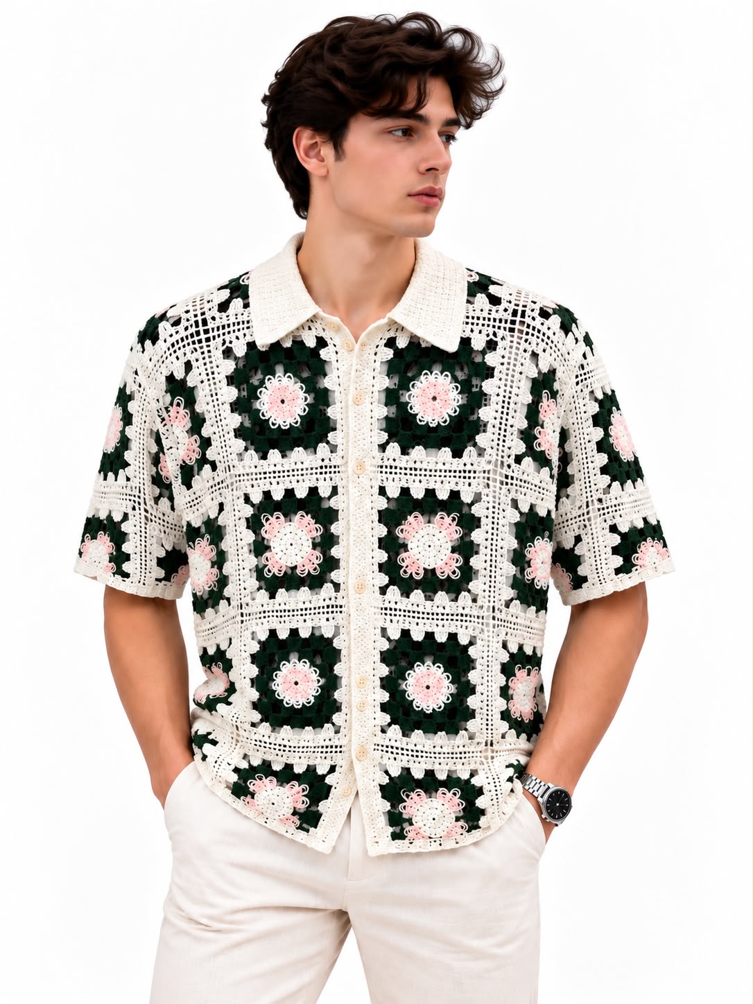 Men’s Crochet Knit Short Sleeve Shirt
