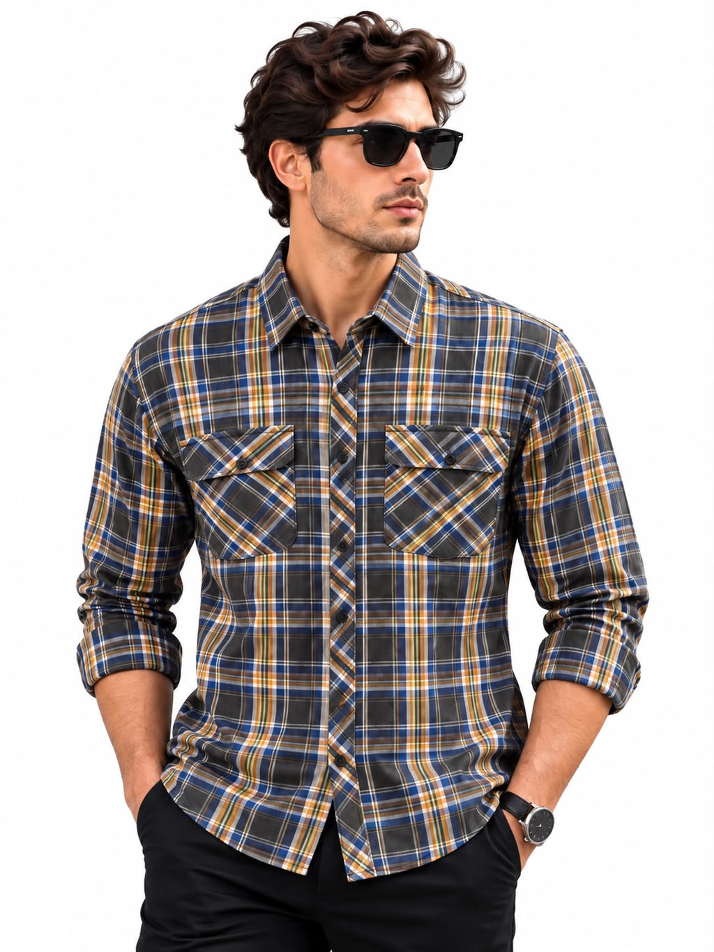 Men’s Navy Blue & Grey Check Shirt