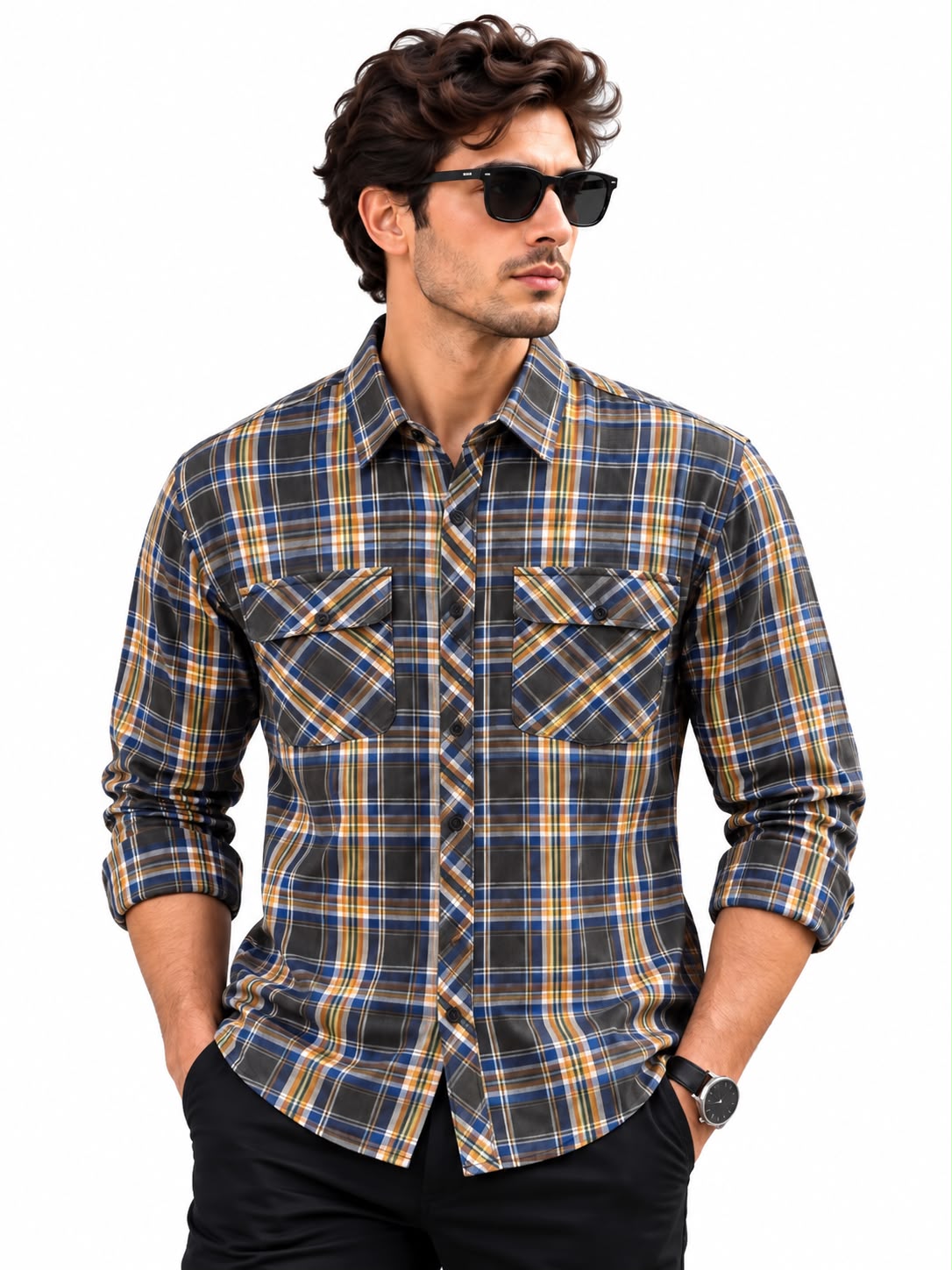Men’s Navy Blue & Grey Check Shirt