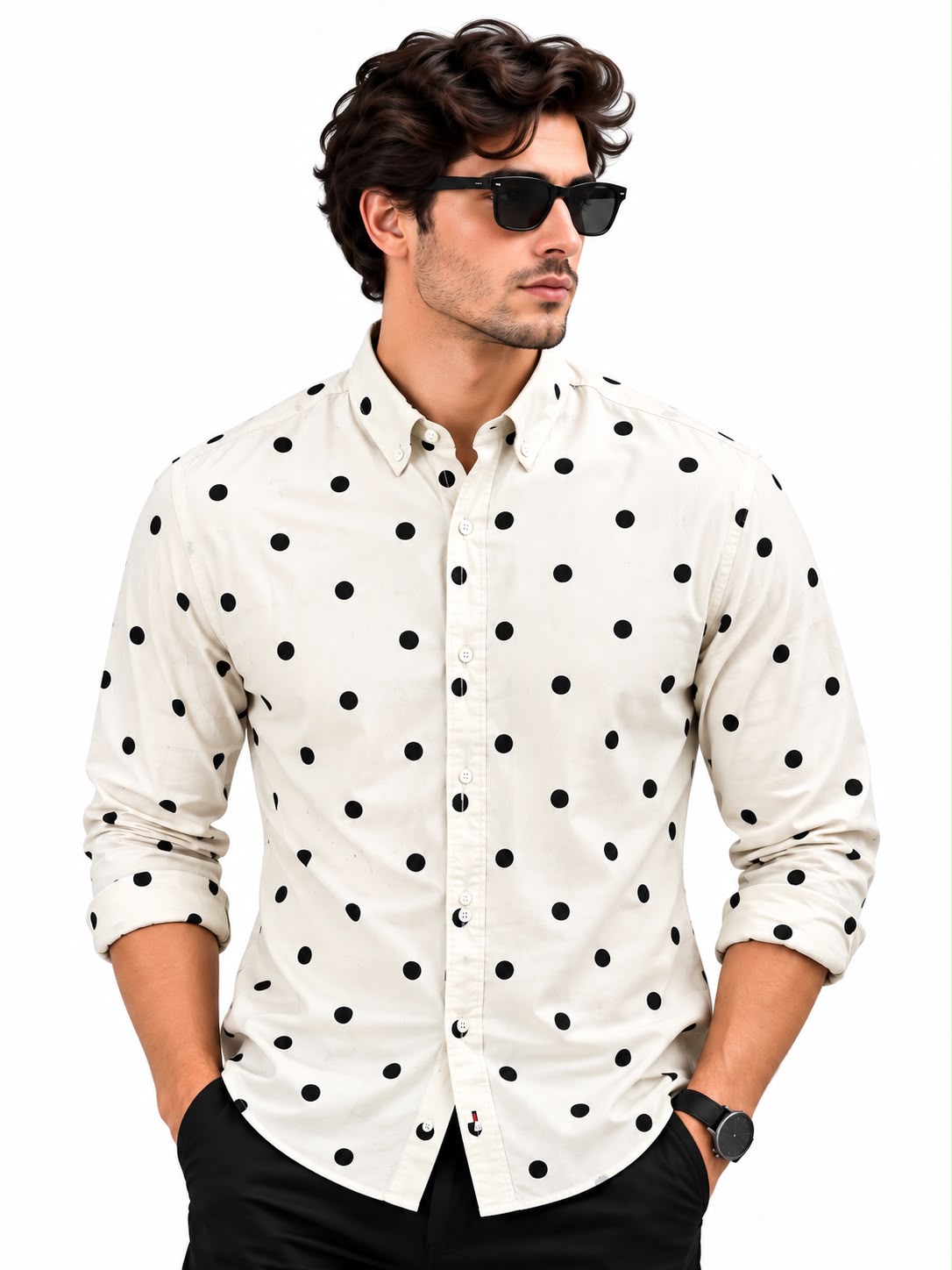 Men’s White & Black Polka Dot Casual Shirt