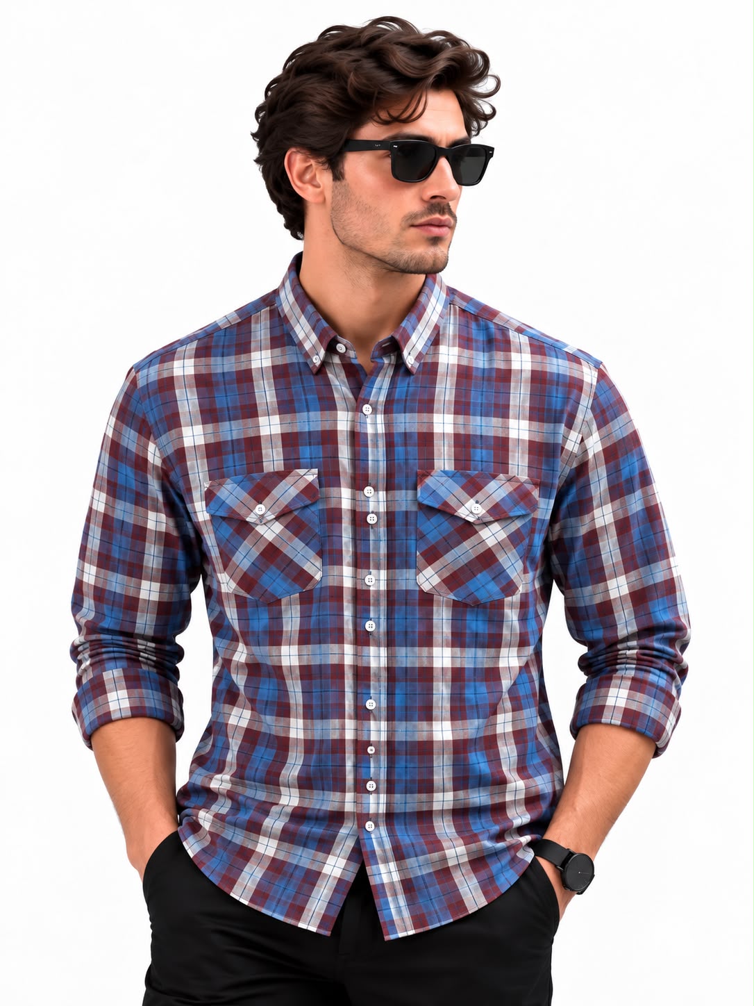 Men’s Blue & Brown Checkered Casual Shirt