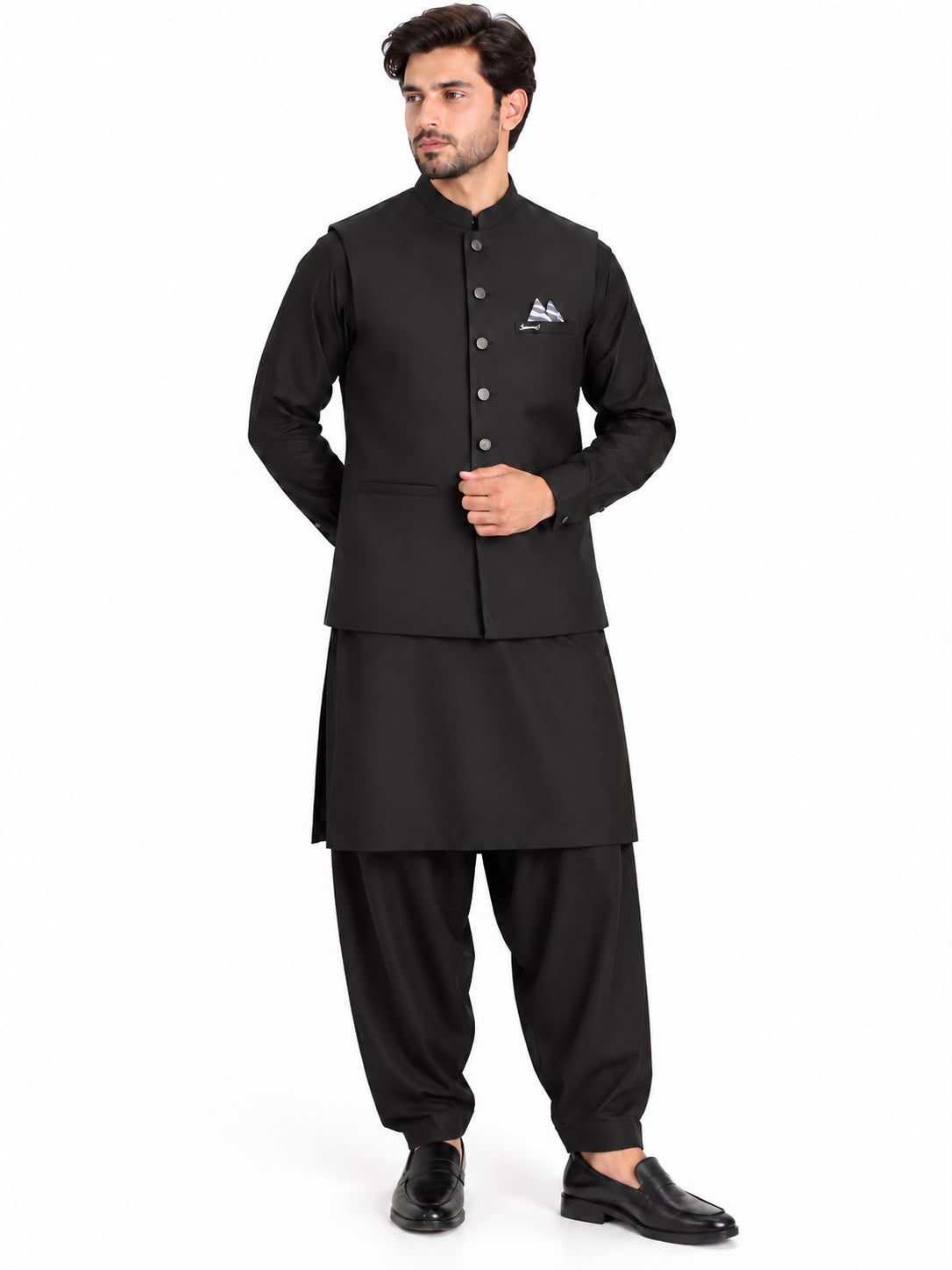 Men’s Black 3-Piece Shalwar Qameez with Waistcoat