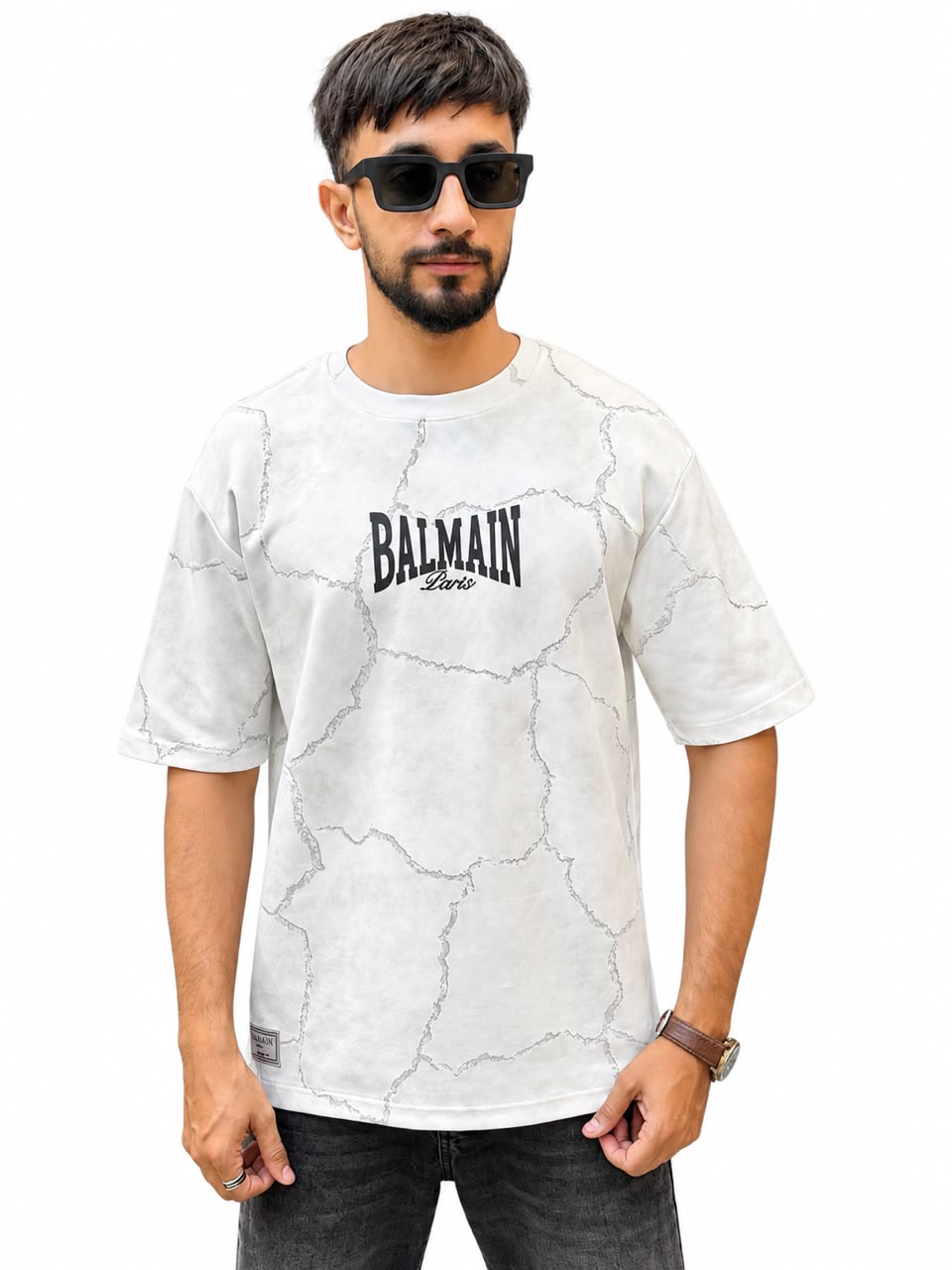 Men’s Balmain Paris Printed T-Shirt – Marble Crack Pattern