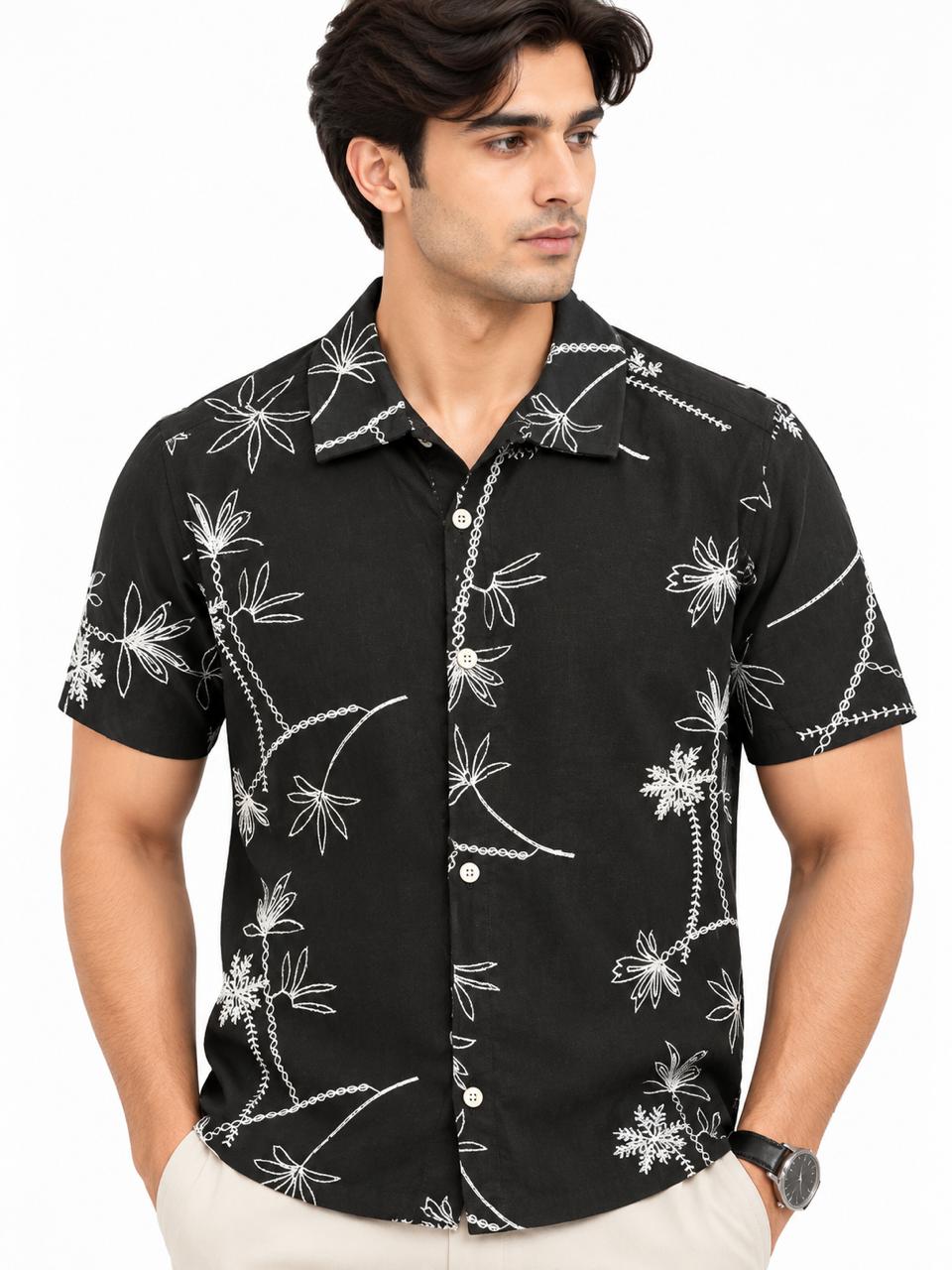 Men’s Black Floral Print Short Sleeve Casual Shirt