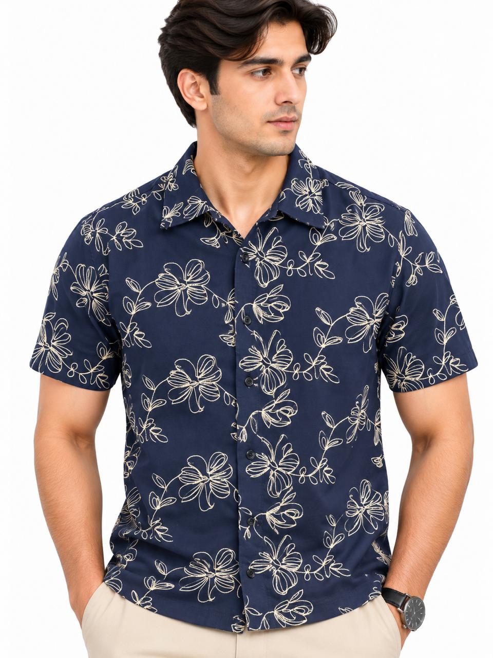 Men’s Navy Blue Floral Print Short Sleeve Casual Shirt