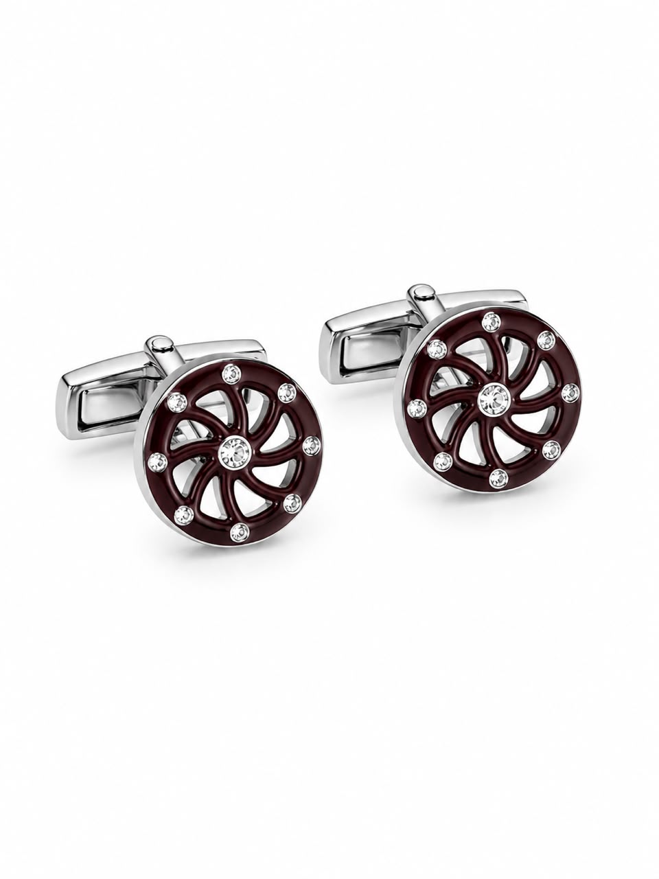 Maroon Round Cufflinks with Crystal Accents