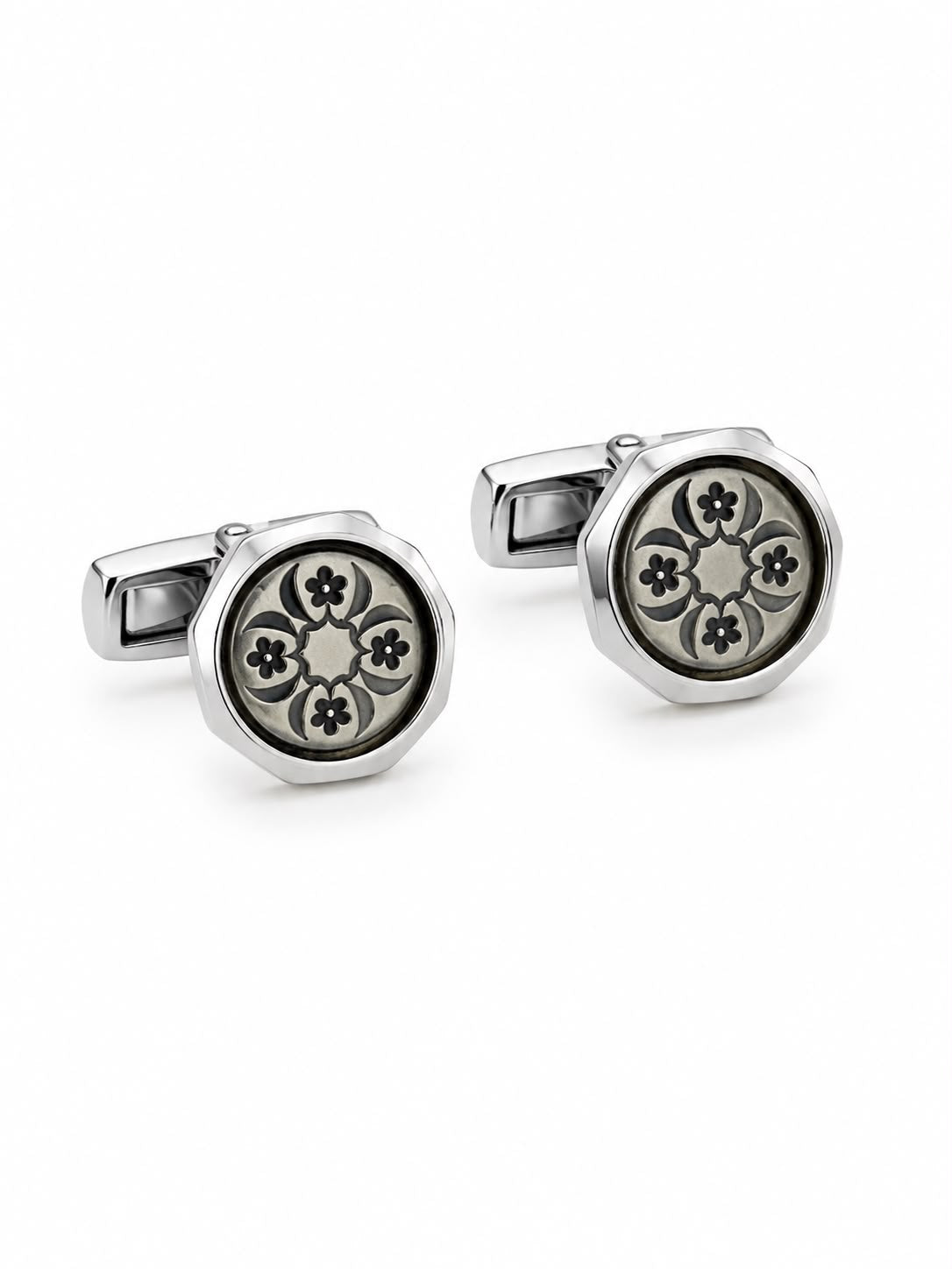 Silver & Black Floral Pattern Cufflinks