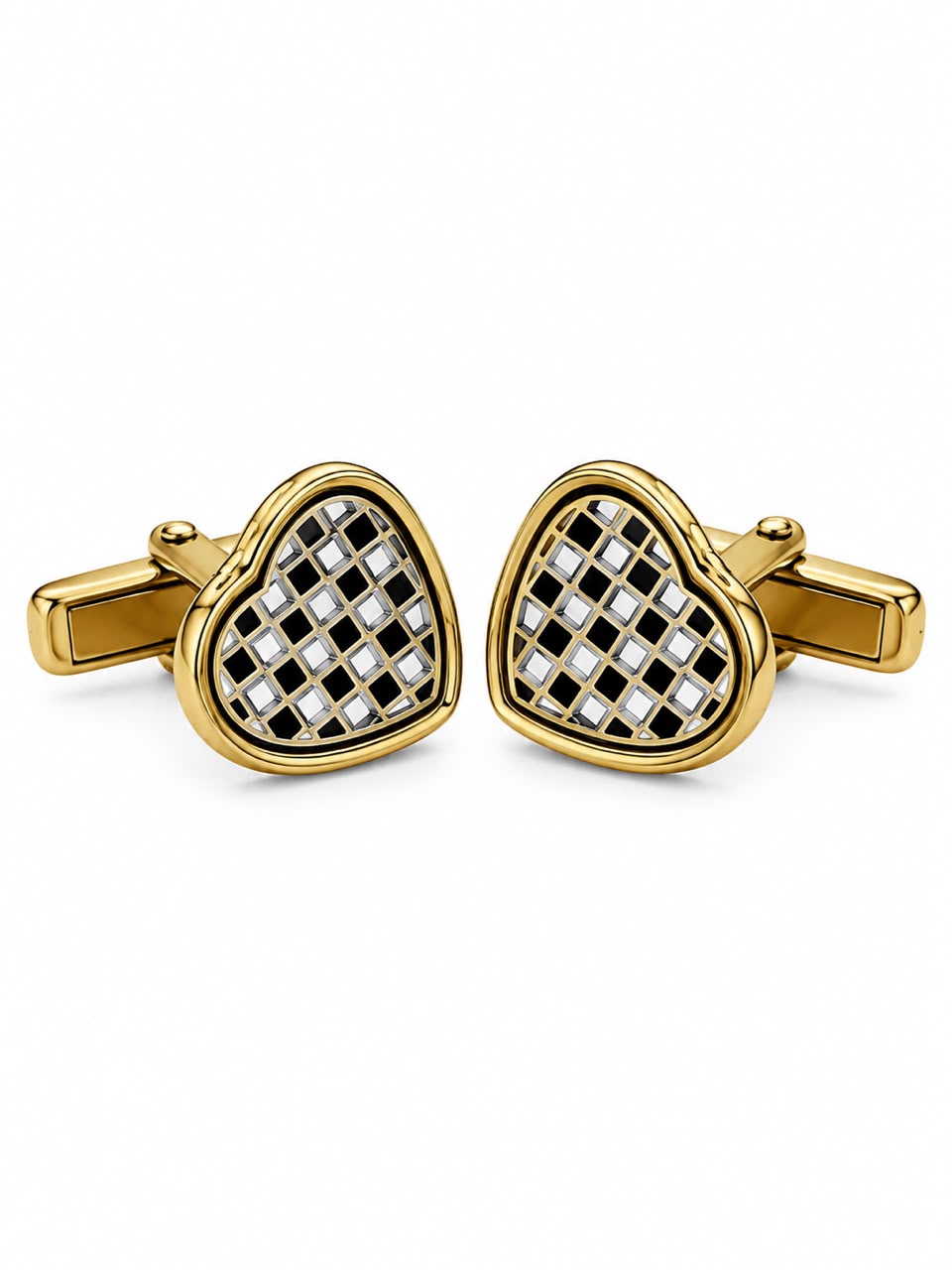 Gold Heart-Shaped Cufflinks with Black & Silver Grid Pattern