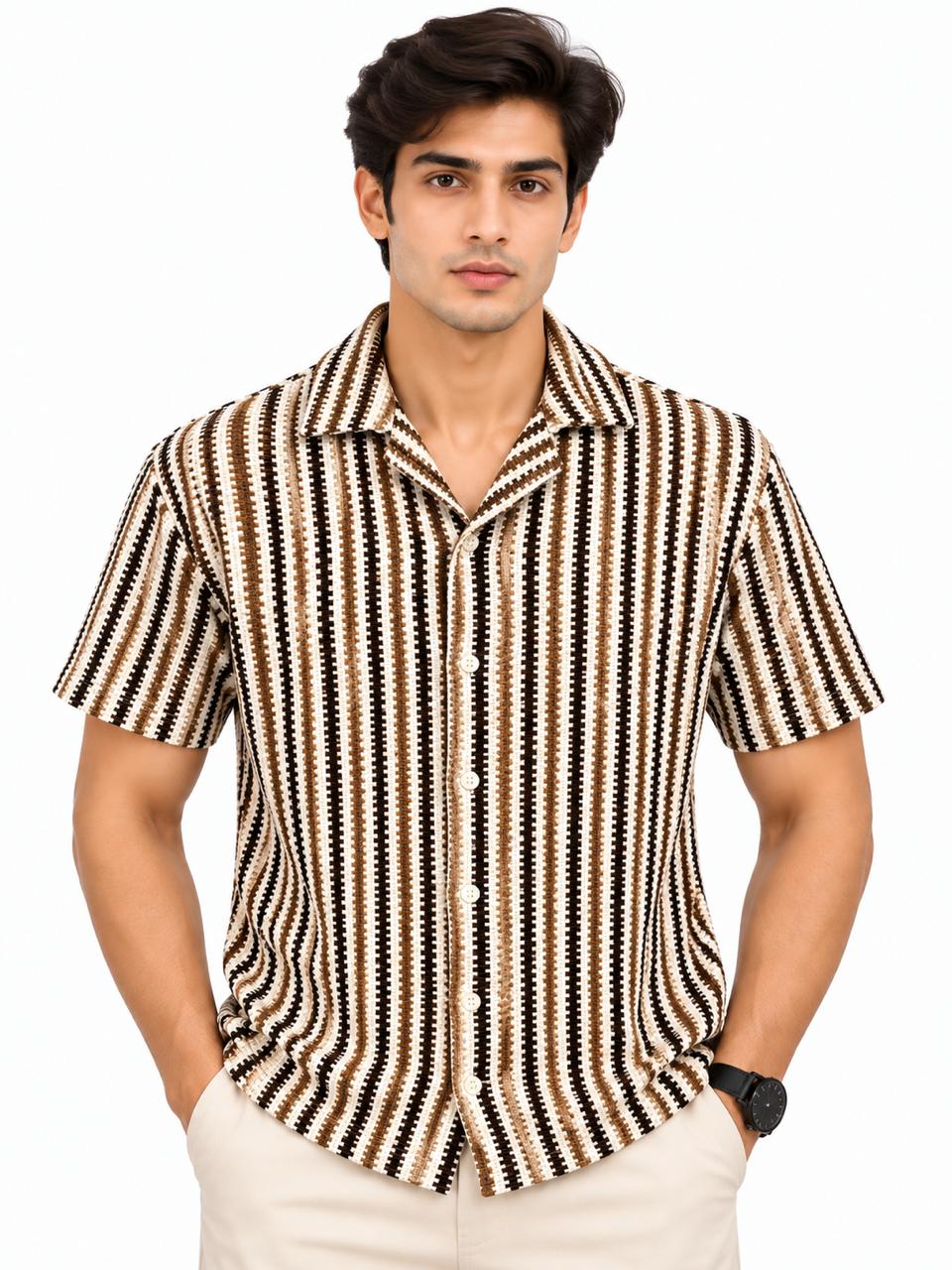 Men’s Textured Striped Short Sleeve Casual Shirt