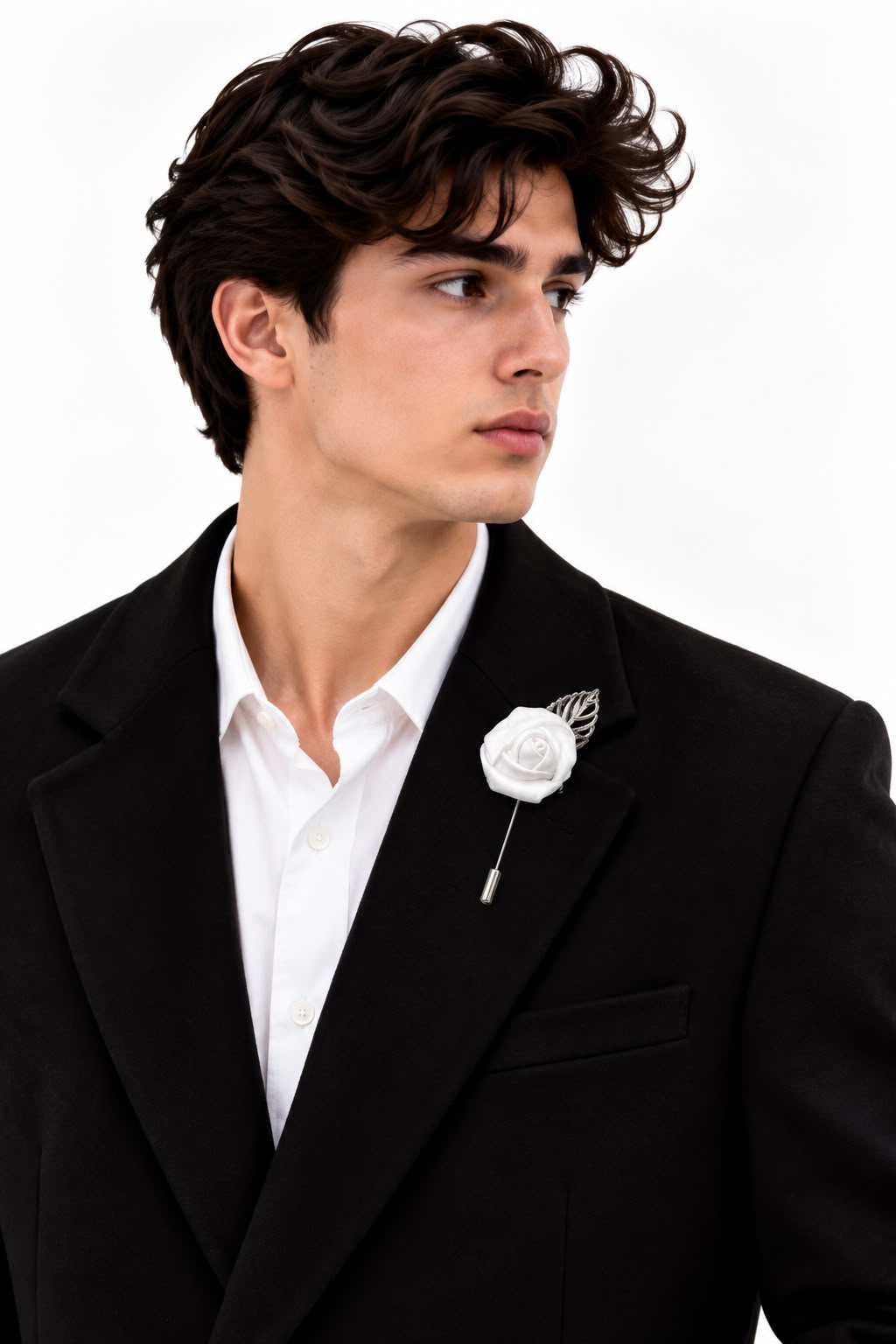 Elegant White Rose Lapel Brooch with Silver Detail