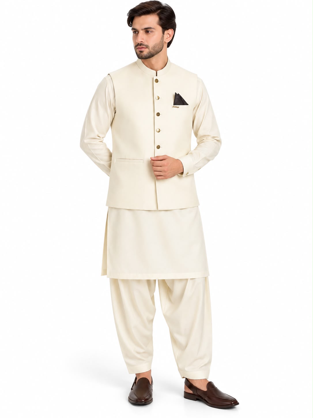 Men’s Cream white 3-Piece Shalwar Qameez with Waistcoat