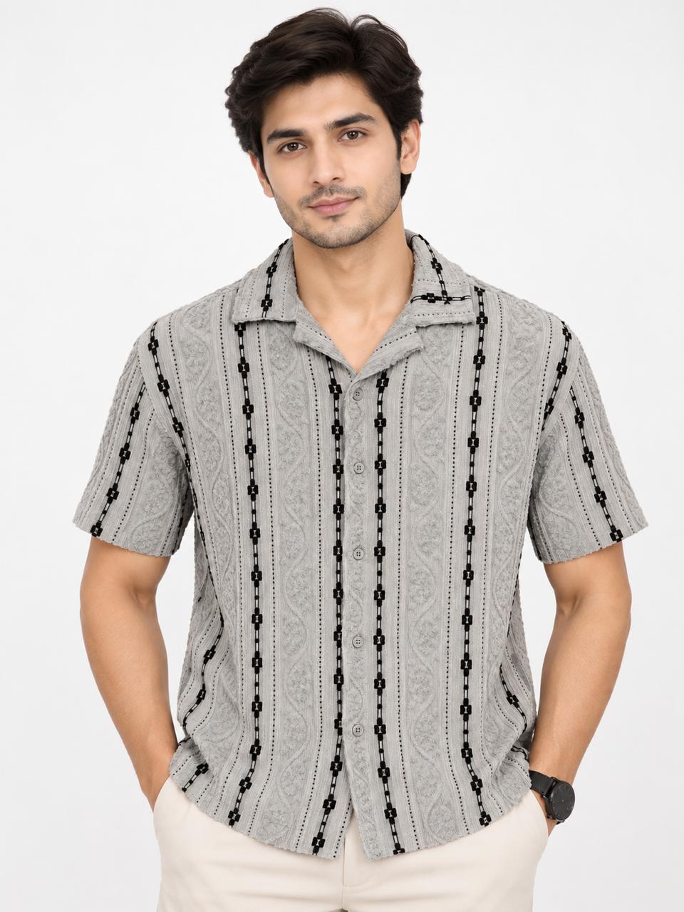 Men’s Textured Vertical Pattern Short Sleeve Casual Shirt