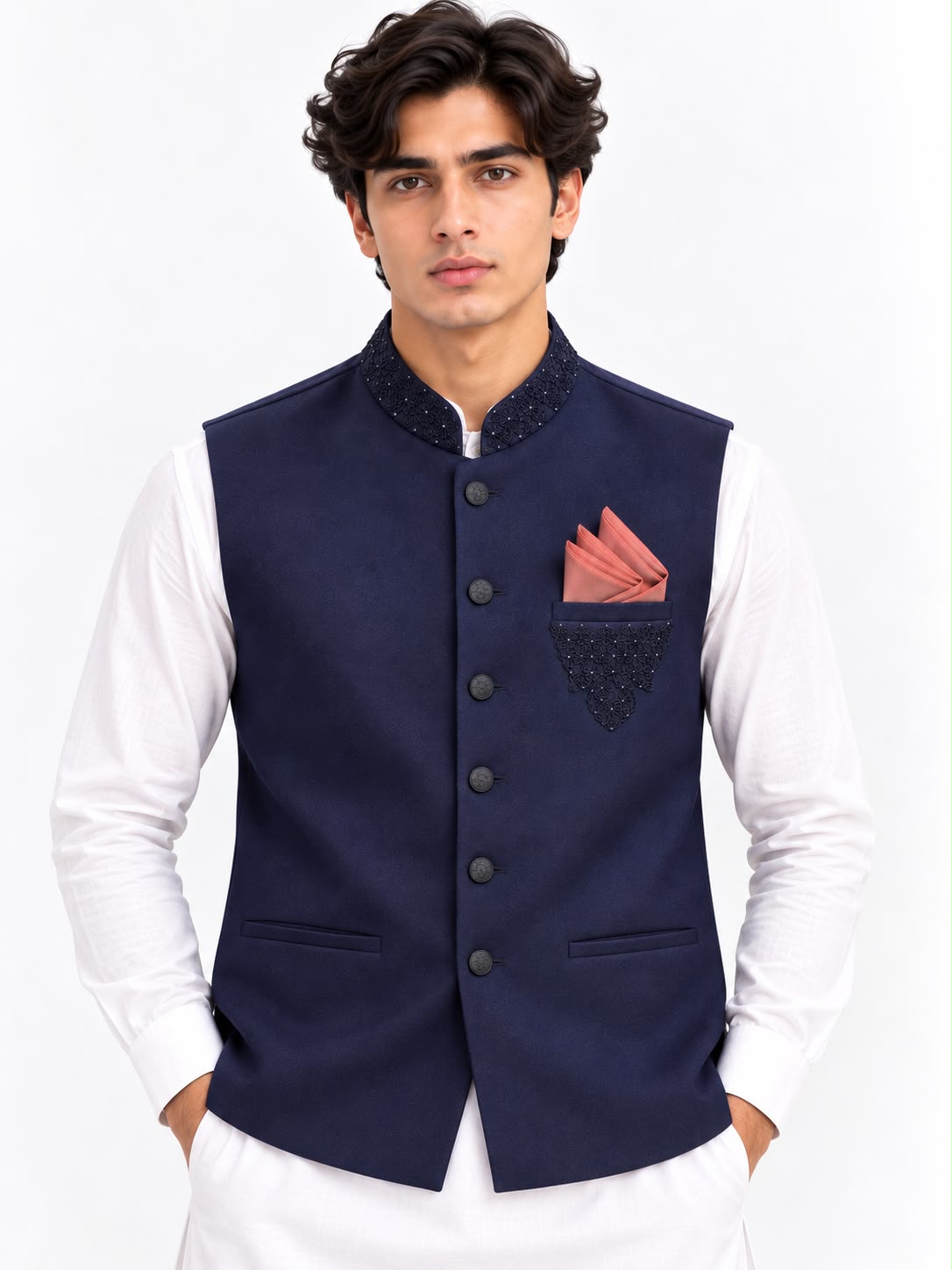 Men’s Premium Navy Blue Embroidered Waistcoat
