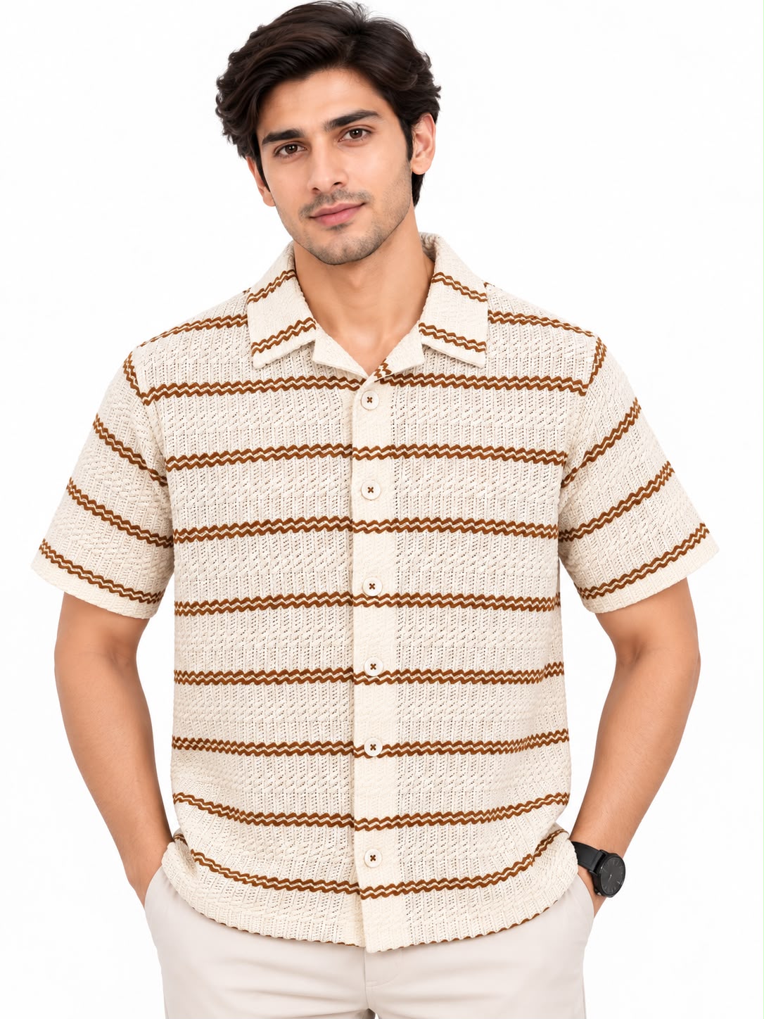 Men’s Cream Striped Textured Knit Short Sleeve Shirt
