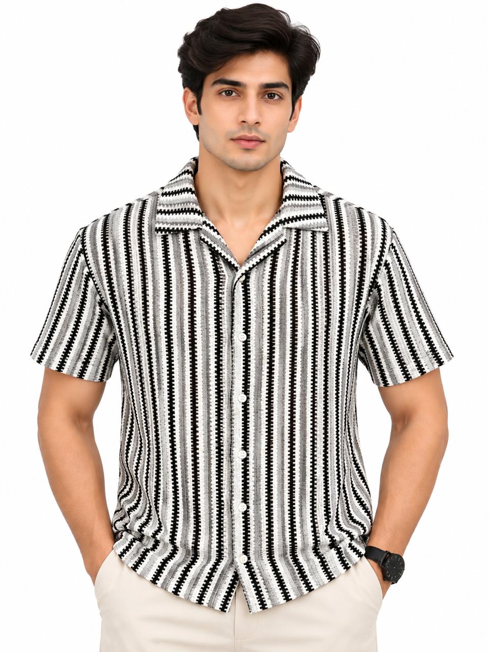 Men’s Textured Striped Short Sleeve Casual Shirt