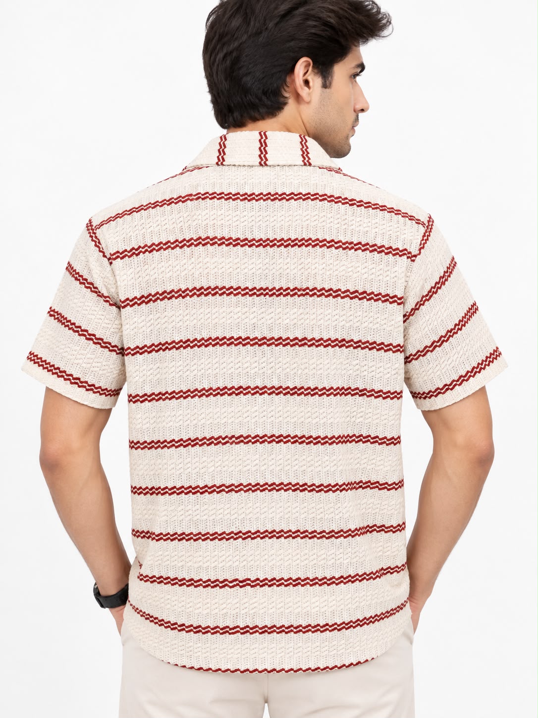 Men’s Cream Striped Textured Knit Short Sleeve Shirt