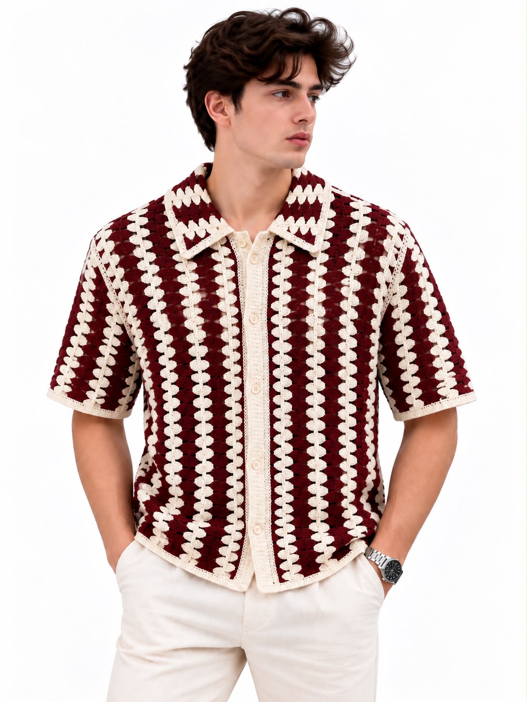 Men’s Crochet Knit Short Sleeve Shirt