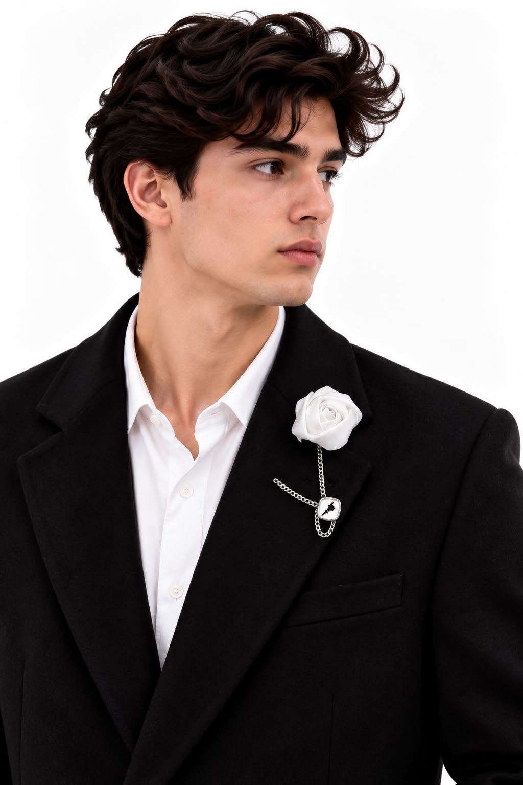 Elegant White Rose Lapel Brooch with Silver Chain