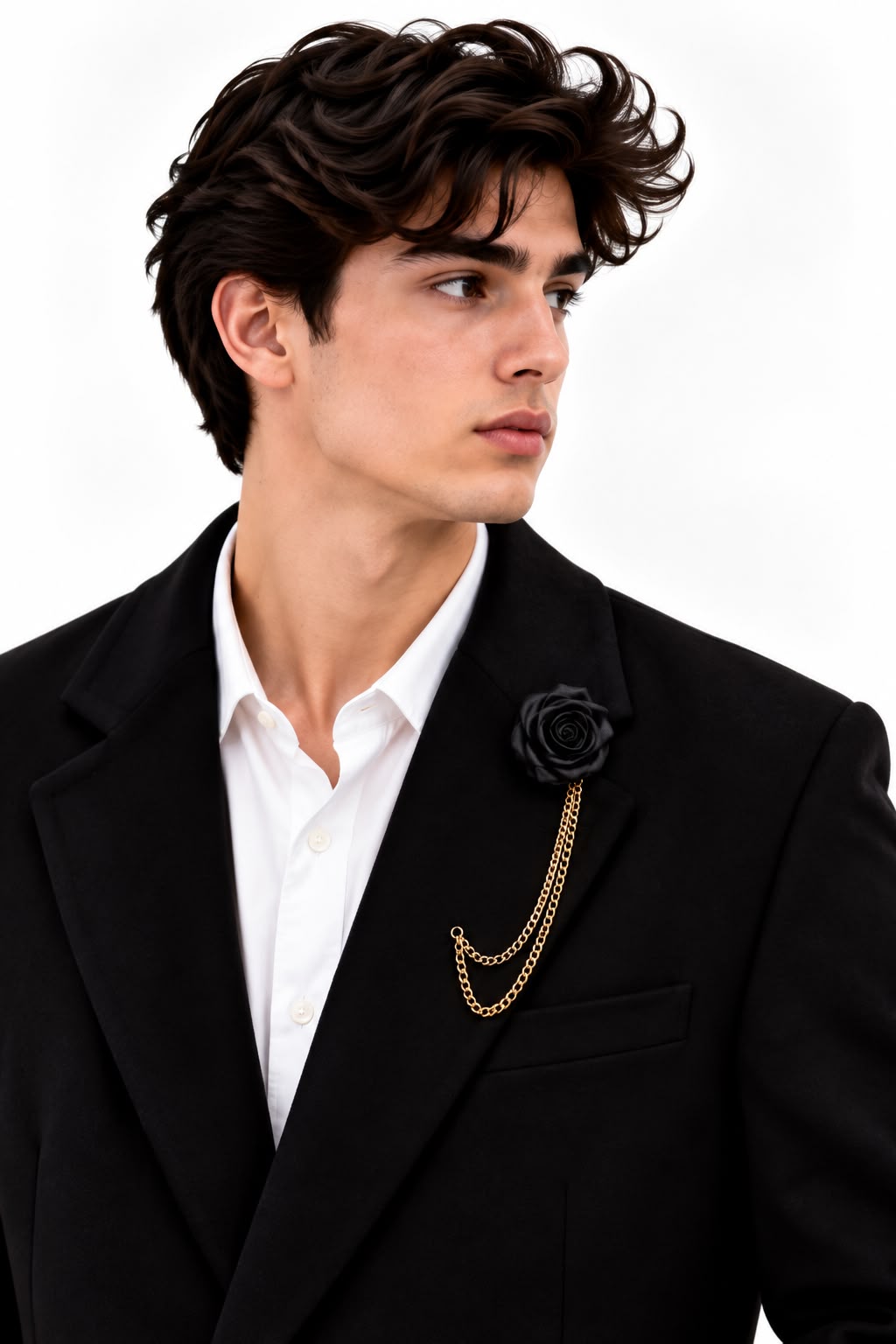 Elegant Black Rose Double Chain Lapel Brooch