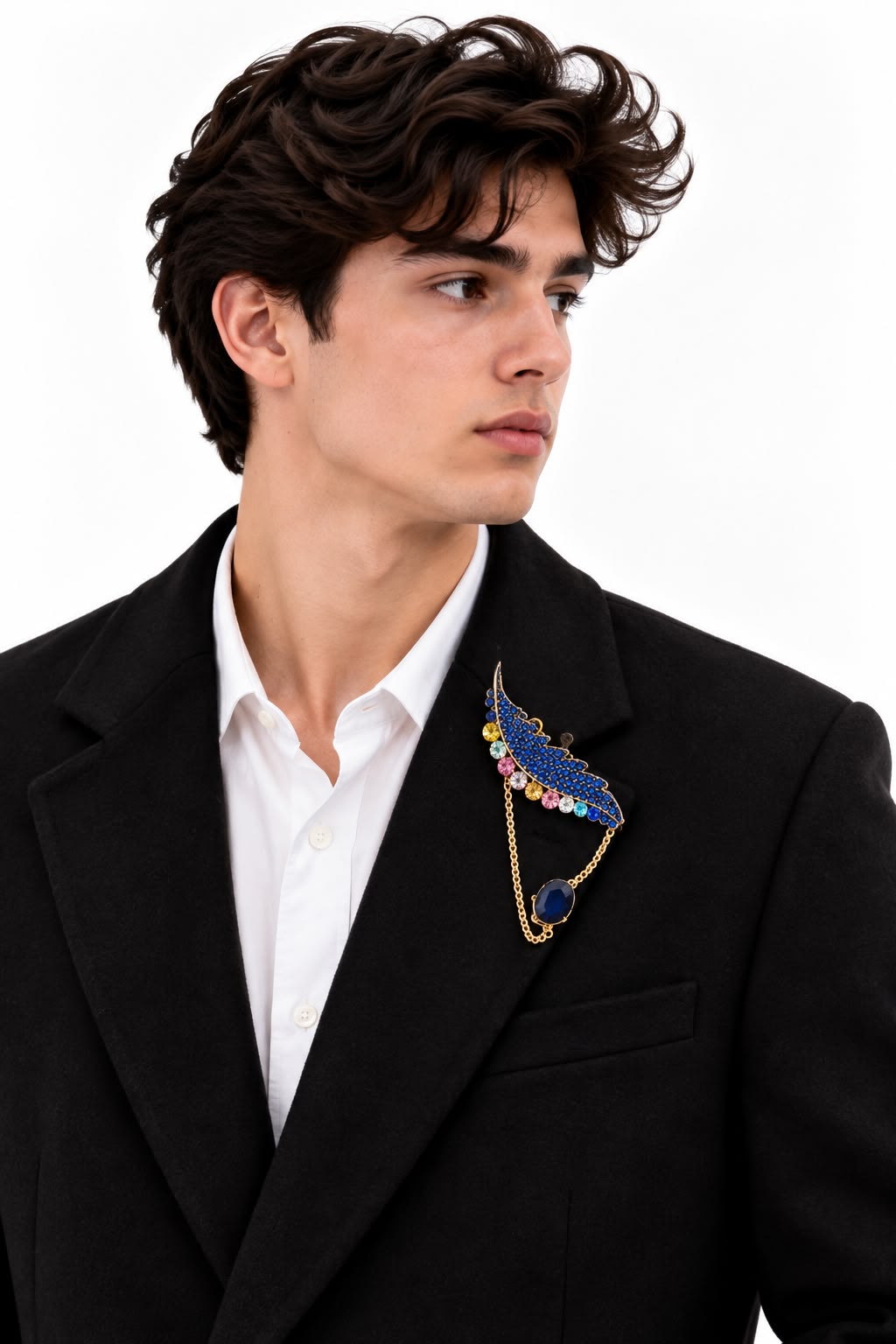 Elegant Blue Crystal Feather Lapel Brooch with Chain